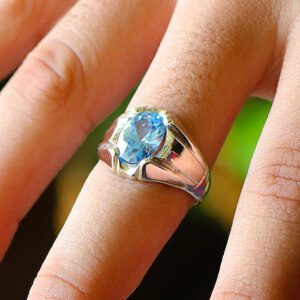 Mens Silver Ring of Dazzling Blue Topaz Gemstone Gift for Him