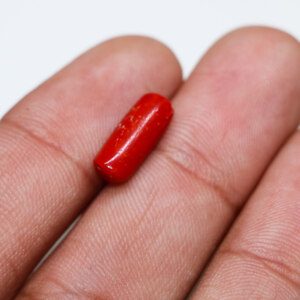 Real Moonga gemstone in hand, showcasing vibrant red color.