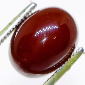 Close-up of a brown and red agate loose gemstone held in tweezers, showcasing its vibrant color and unique pattern.