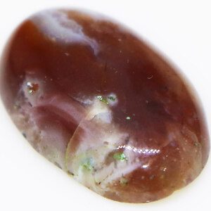 Close-up of brown and white agate loose gemstone held in tweezers.