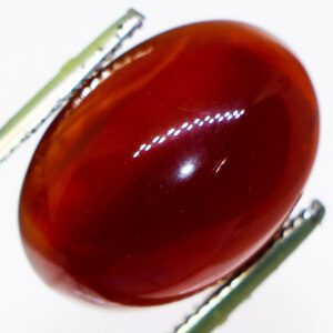 Close-up photo of a Dark Red Agate loose gemstone held in tweezers, showcasing its deep red color and unique patterns.